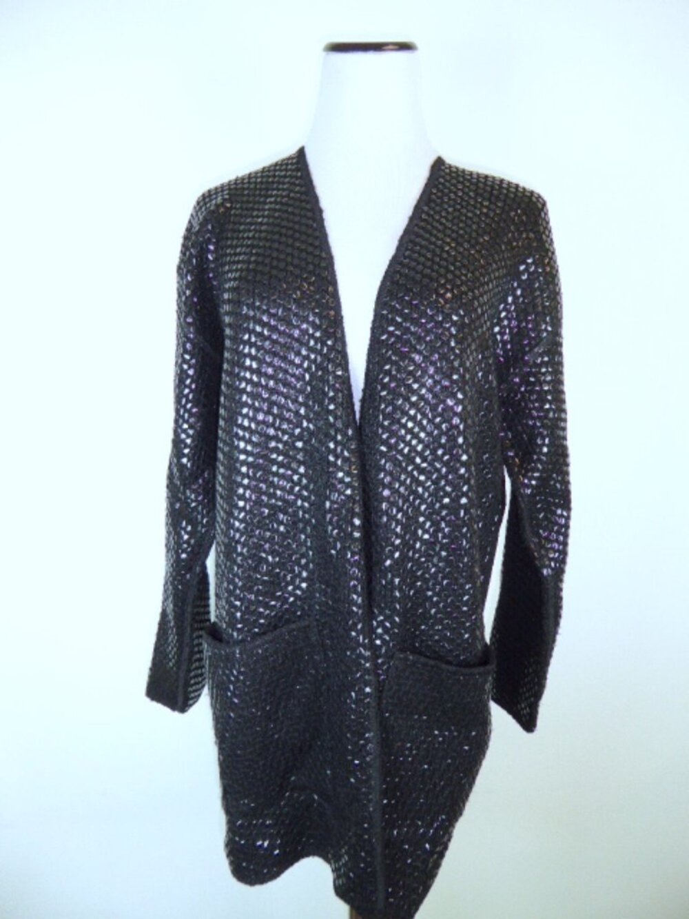 FRENCH RAGS HANDLOOMED black cardigan SWEATER duster USA VINTAGE Paillettes M